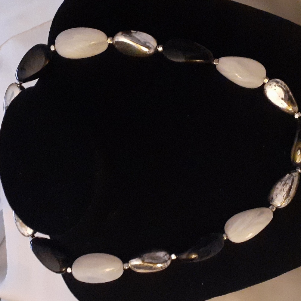 Vintage Mercury Glass and Stone Beaded Necklace in Cream, Silver and Black